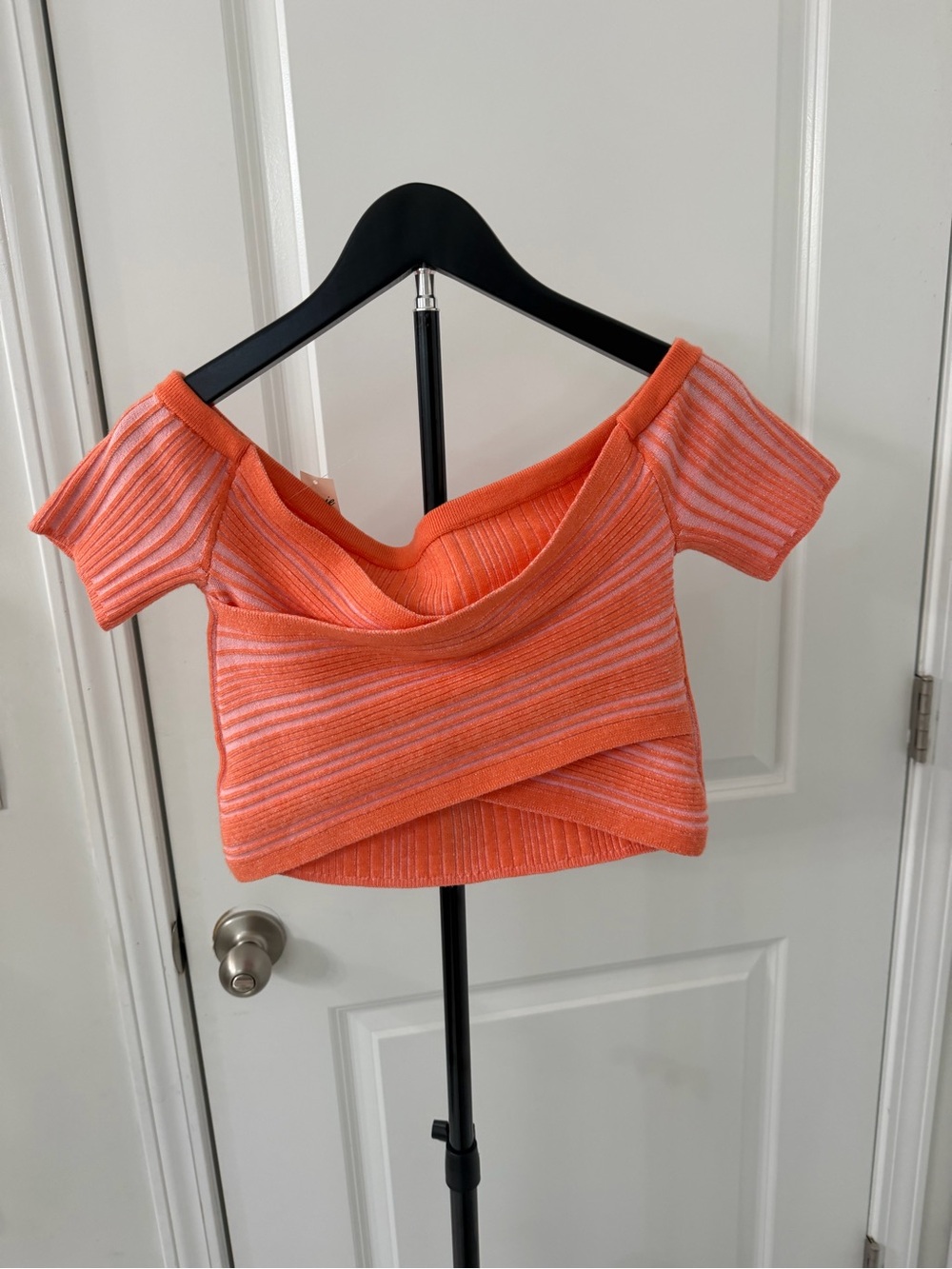 Aerie Orange Pink Striped Off Shoulder Crop Sweater NWT Size M